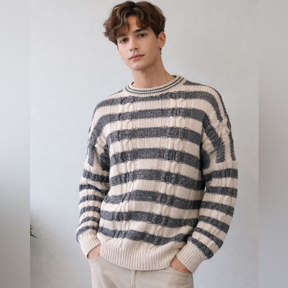 Vintage Bachrach Oversized Striped Cable Knit Sweater –Size Large- 100% Cotton